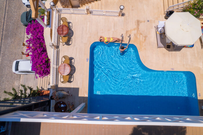 Guests by the pool, seen from directly above, Medusa Hotel Kaş