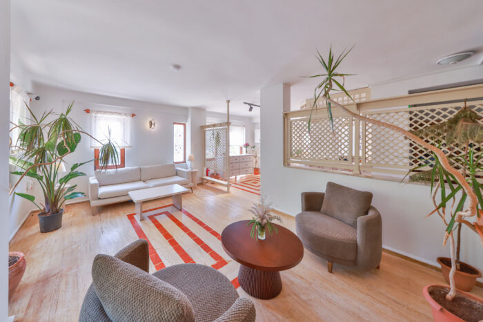 Open lounge with plants and the staircase, Medusa Hotel Kaş