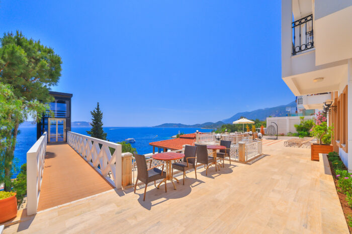 Sea-view terrace with tables above the bay, Medusa Hotel Kaş
