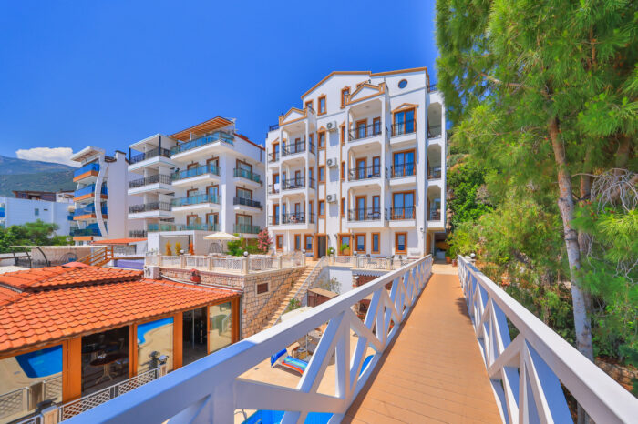 White walkway leading to the terrace, Medusa Hotel Kaş