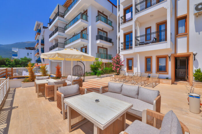 Outdoor lounge seating on the terrace, Medusa Hotel Kaş